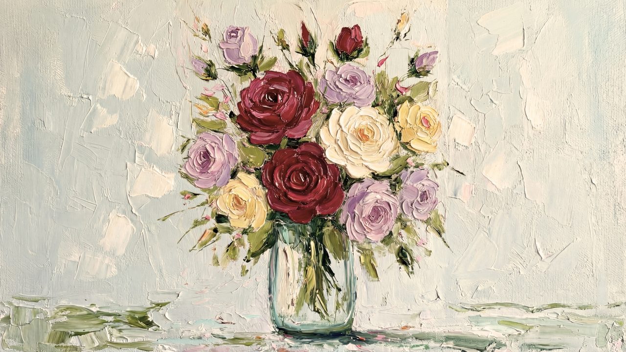 Spring Frame TV Art, Vintage Floral Landscape Oil Painting (Roses in Glass Jar)