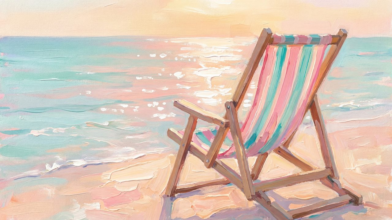 Summer Frame TV Art, Coastal Beach Oil Painting (Striped Beach Chair)