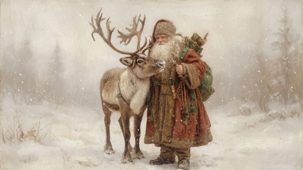 Christmas Frame TV Art, Vintage Holiday Oil Painting (Santa with Reindeer 2)