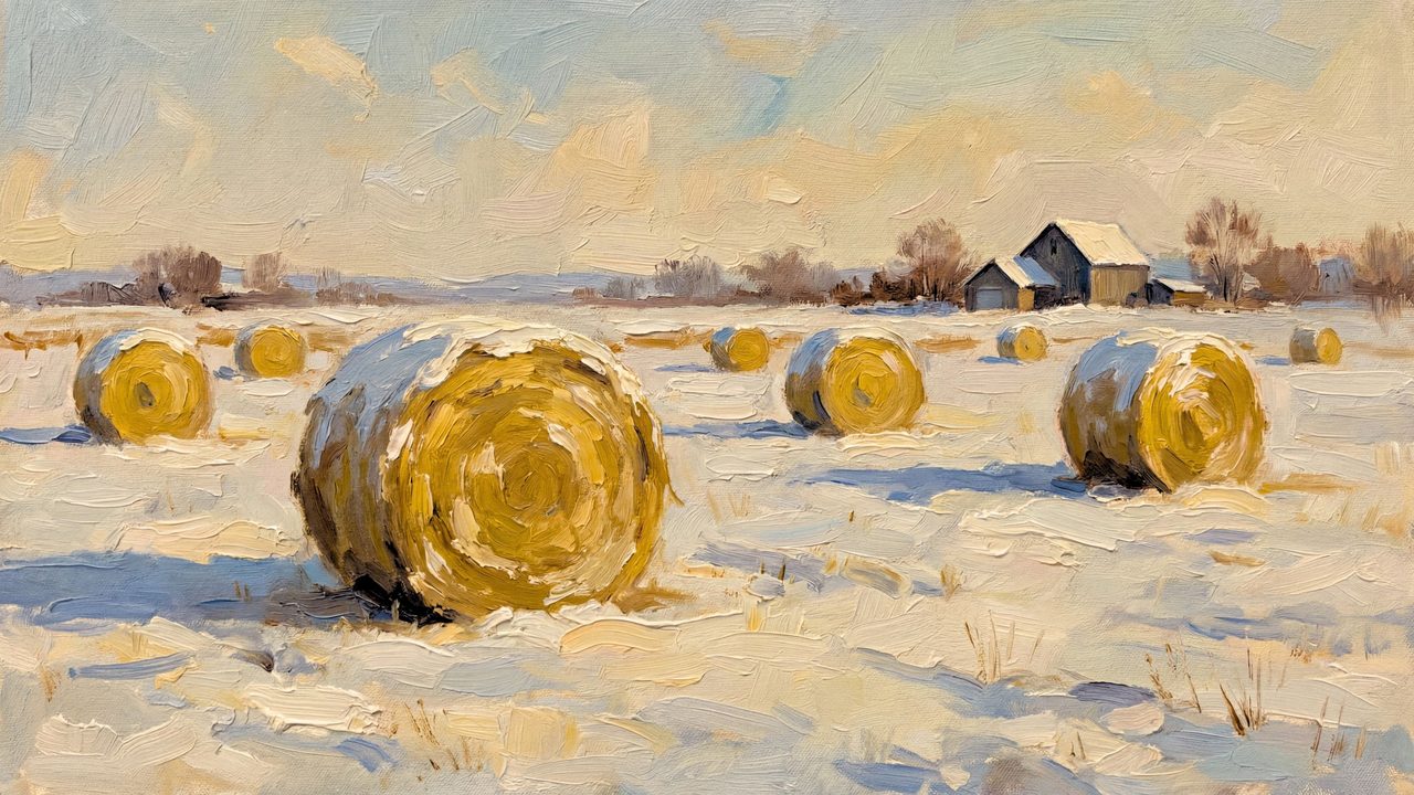 Christmas Frame TV Art, Vintage Holiday Oil Painting (Hay Bales in Snow)