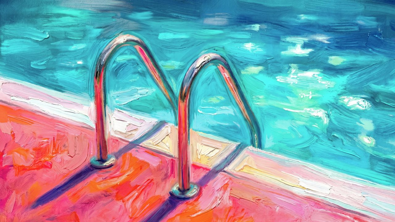 Summer Frame TV Art, Coastal Beach Oil Painting (Pool Ladder in Turquoise Water)