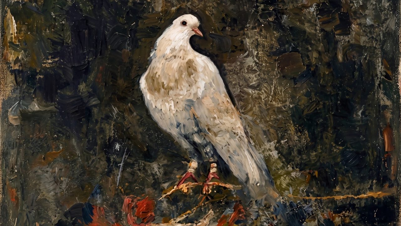 Dark Academia Frame TV Art, Moody Vintage Oil Painting (White Dove on Branch)