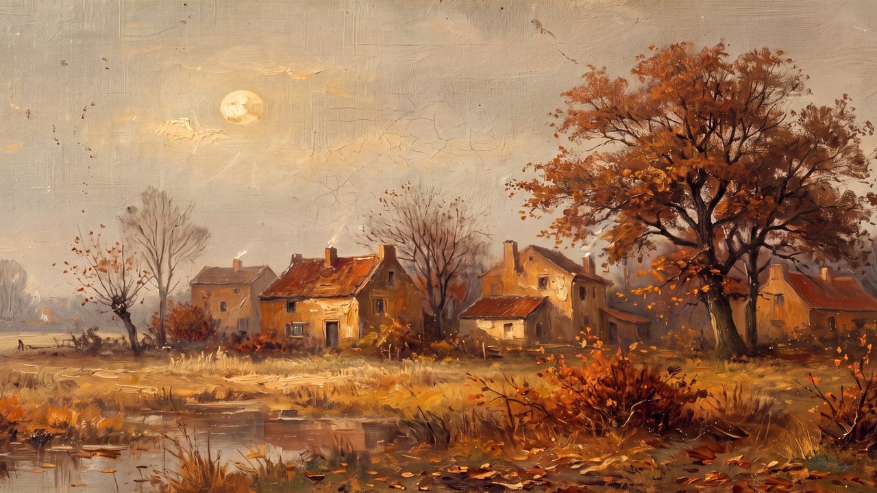 Fall Frame TV Art, Vintage Autumn Oil Painting (Village Under Autumn Moon)