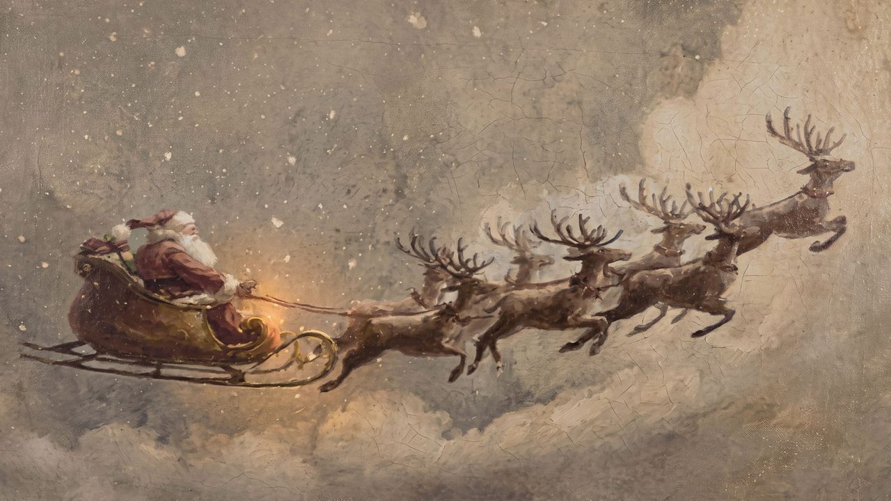 Christmas Frame TV Art, Vintage Holiday Oil Painting (Santa Sleigh Flying)