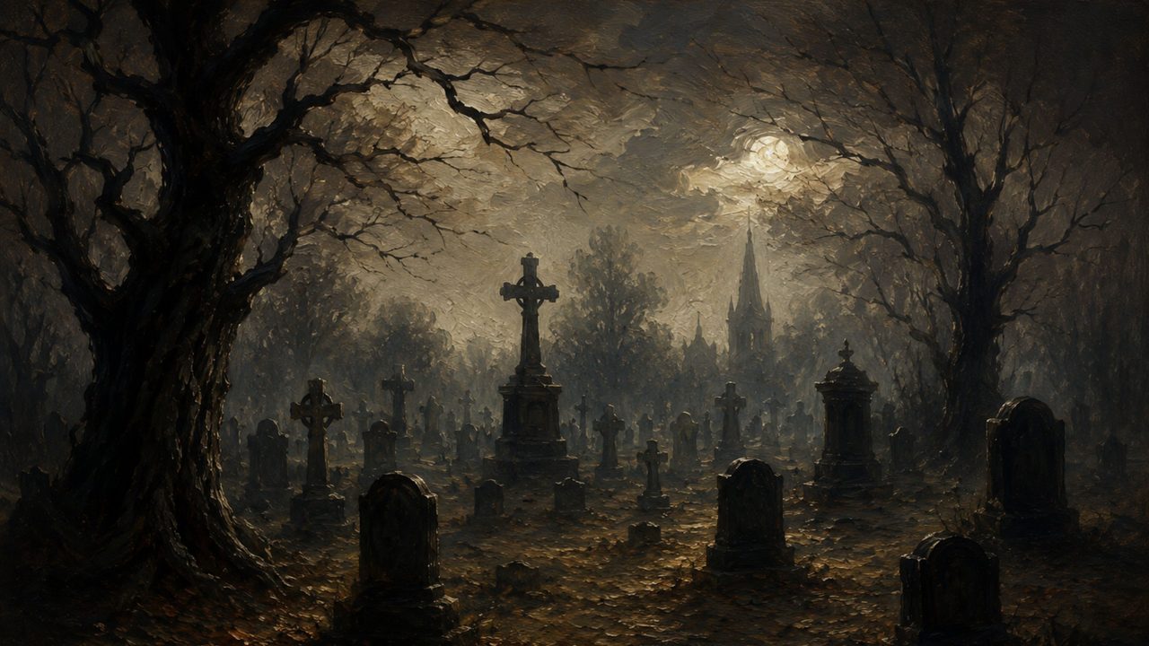 Halloween Frame TV Art, Vintage Moody Oil Painting (Moonlit Gothic Graveyard)