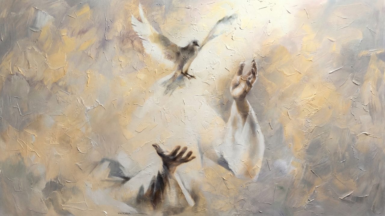 Christian Frame TV Art, Jesus Religious Oil Painting (Hands Reaching for Doves)