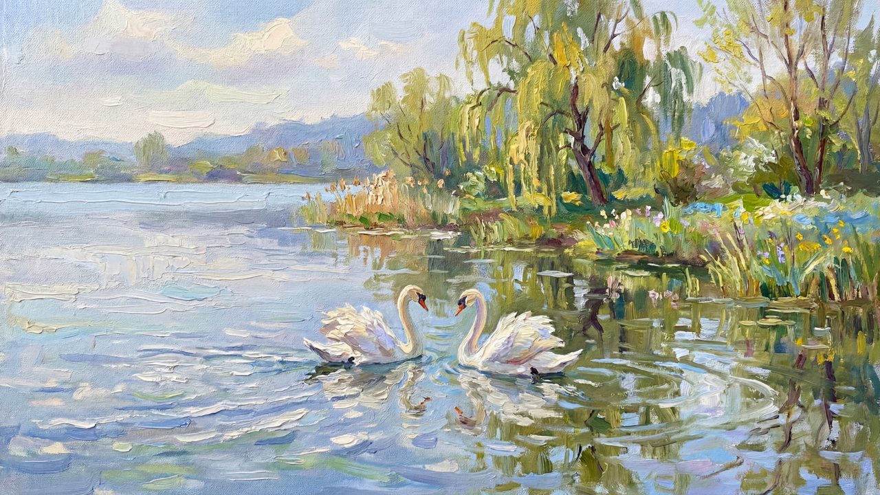 Spring Frame TV Art, Vintage Floral Landscape Oil Painting (Swans on Willow Lake)