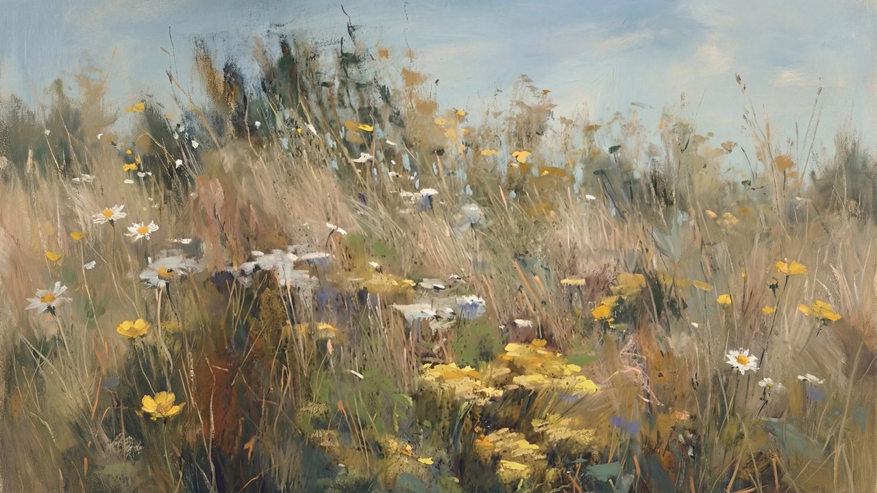 Vintage Frame TV Art, Antique Landscape Oil Painting (Wild Grasses and Yarrow)