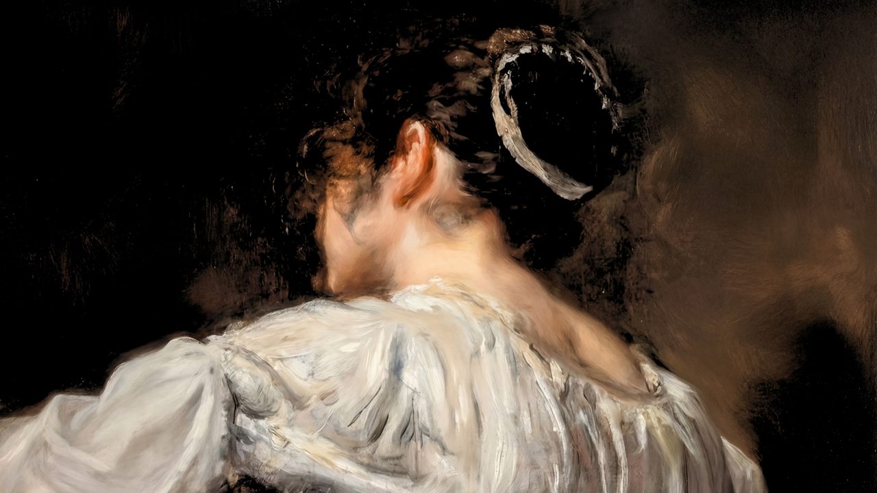 Dark Academia Frame TV Art, Moody Vintage Oil Painting (Woman with Pearl Hairpiece)