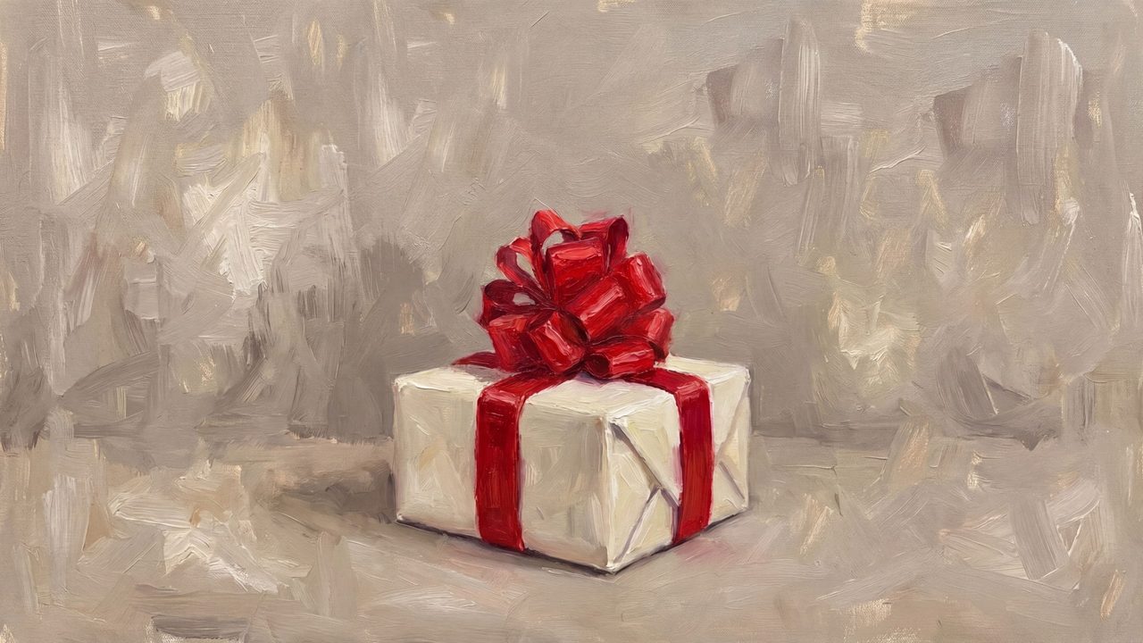 Christmas Frame TV Art, Vintage Holiday Oil Painting (Gift Box with Red Bow 2)
