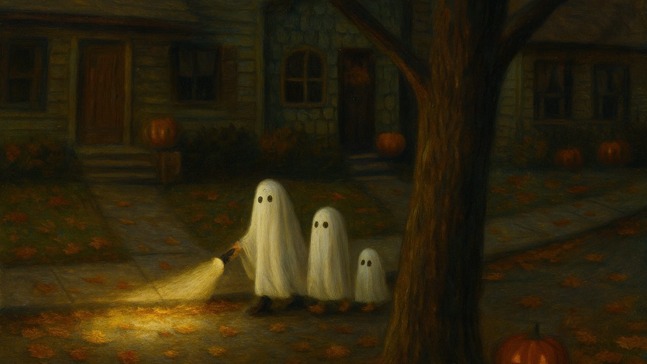 Halloween Frame TV Art, Vintage Moody Oil Painting (Ghosts with Flashlight)