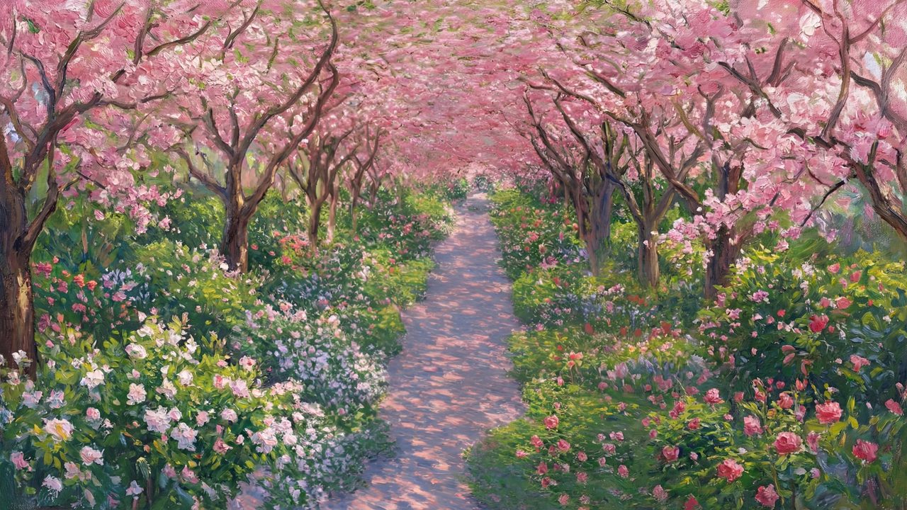 Spring Frame TV Art, Vintage Floral Landscape Oil Painting (Pink Blossom Garden Path)