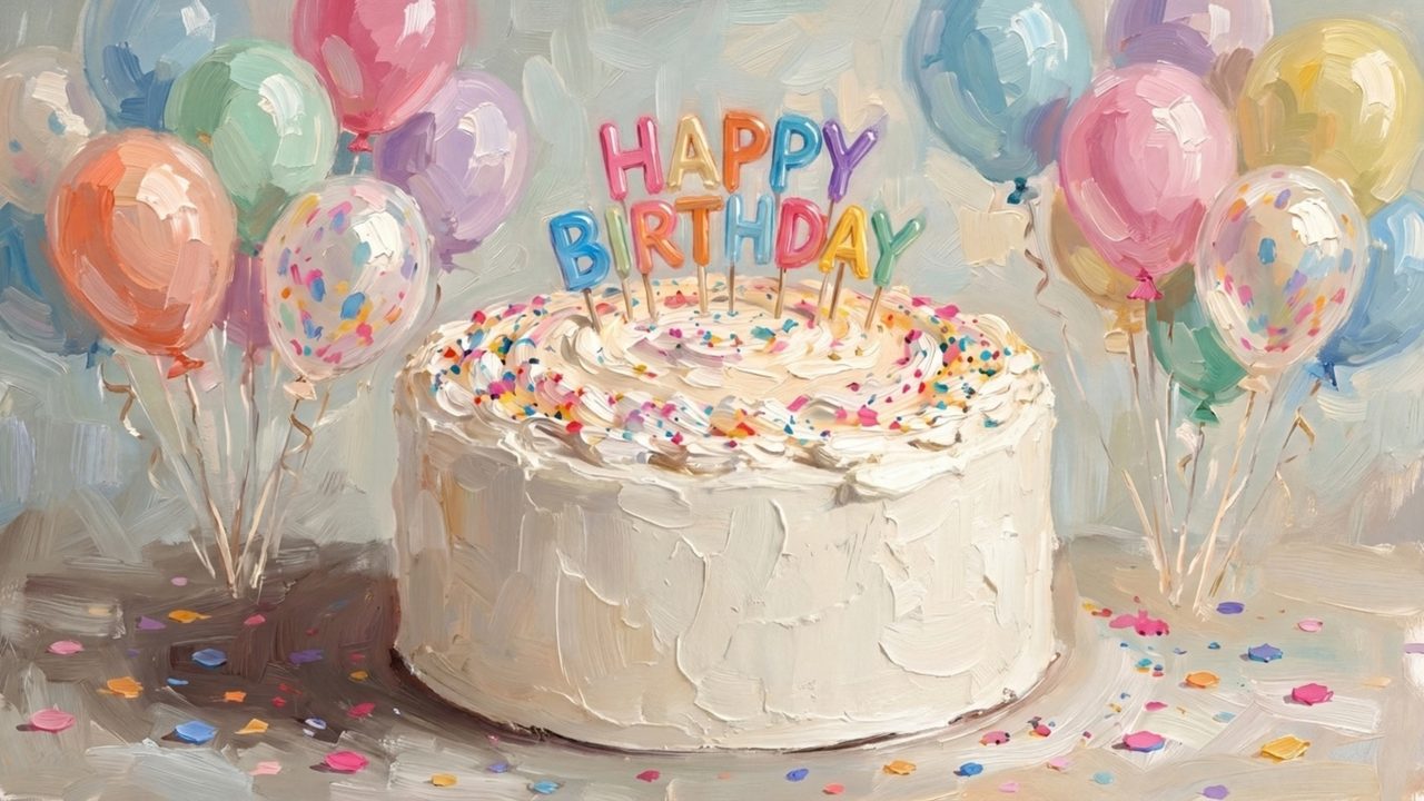 Happy Birthday Frame TV Art, Colorful Party TV Background (White Cake with Balloons)