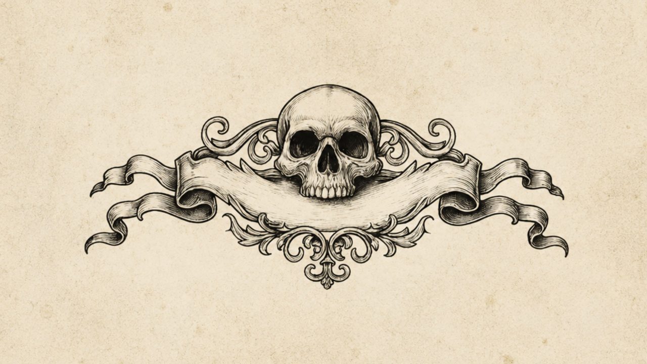 Halloween Frame TV Art, Vintage Moody Oil Painting (Skull Ornamental Banner)