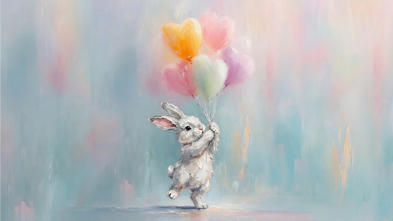 Easter Bunny with Heart Balloons Samsung Frame TV Art, Spring TV Decor, Cute Rabbit Oil Painting, 4K Digital Download