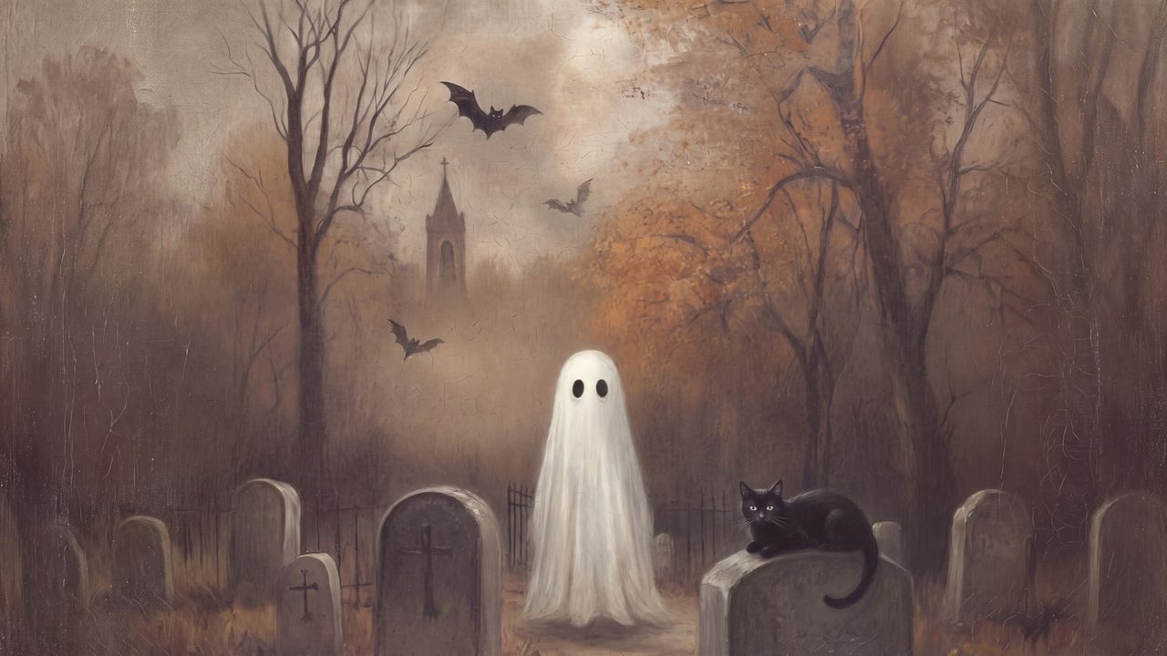 Halloween Frame TV Art, Ghost and Black Cat in Cemetery, Vintage Graveyard Oil Painting, Spooky Fall Decor