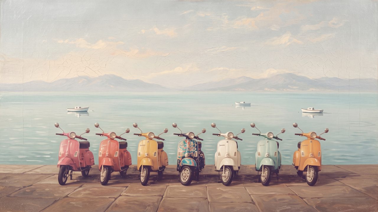 Summer Frame TV Art, Coastal Beach Oil Painting (Row of Colorful Scooters)