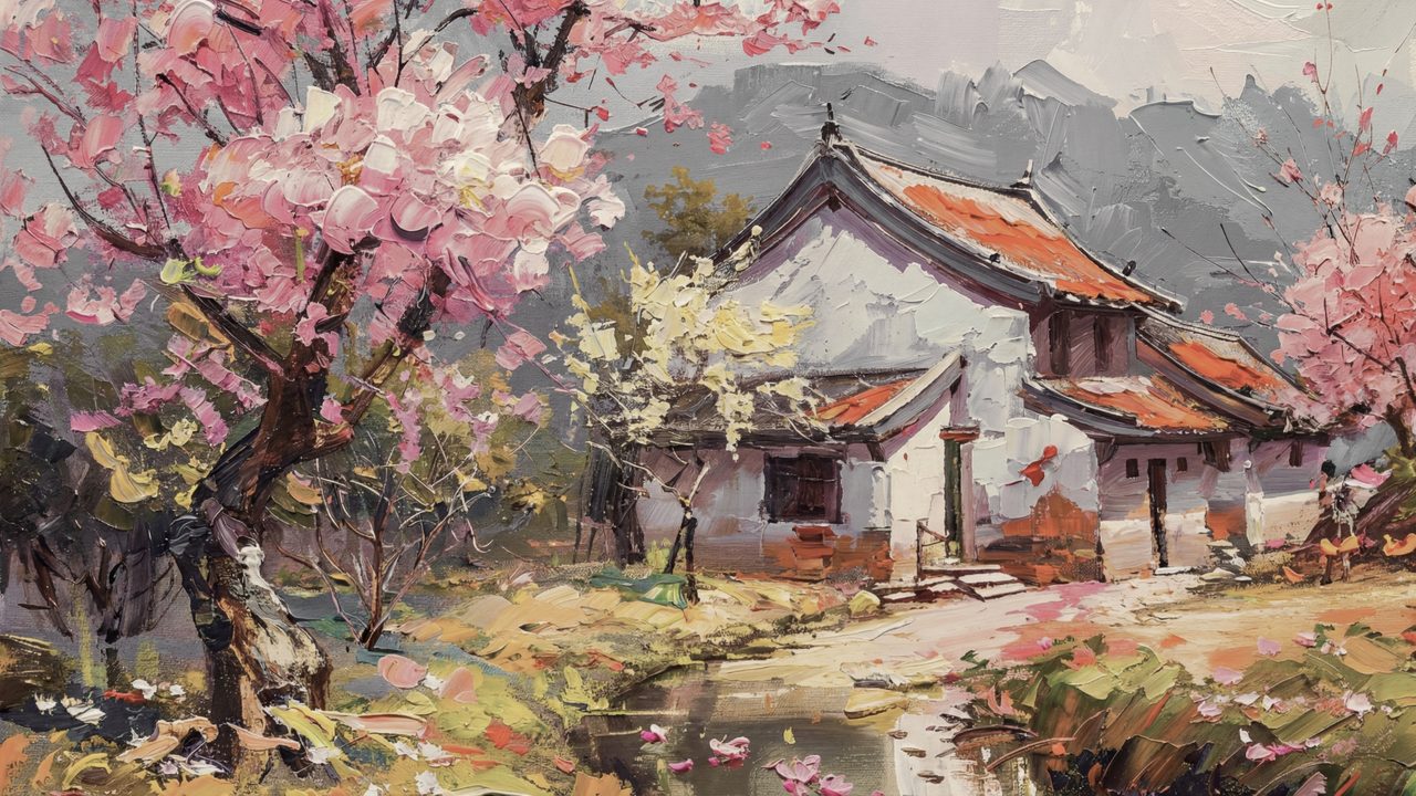 Spring Frame TV Art, Vintage Floral Landscape Oil Painting (Cottage Under Cherry Blossoms)