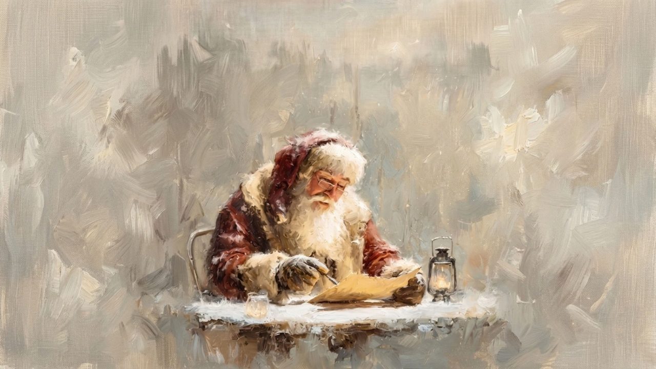 Christmas Frame TV Art, Vintage Holiday Oil Painting (Santa Writing at Desk 2)