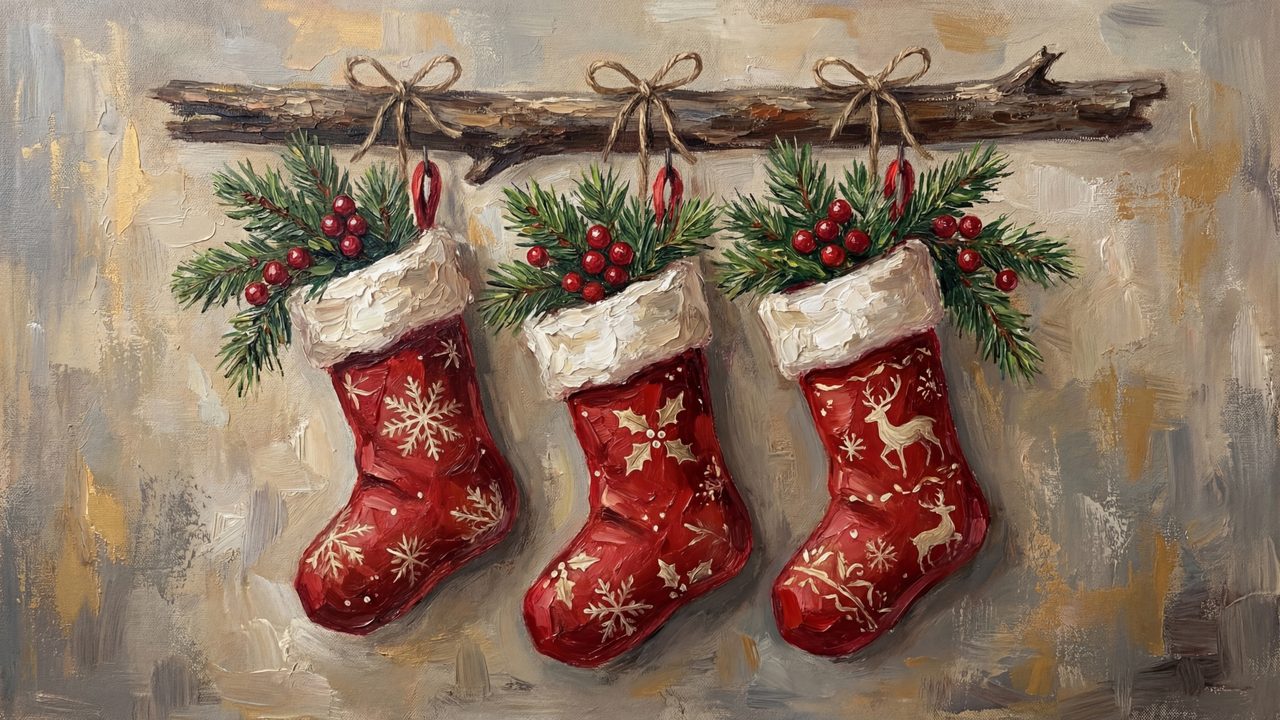 Christmas Frame TV Art, Vintage Holiday Oil Painting (Three Red Stockings)