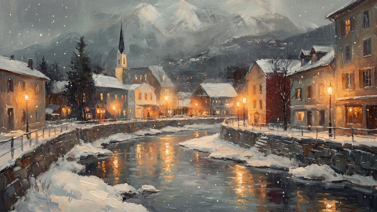 Christmas Frame TV Art, Vintage Holiday Oil Painting (Mountain Town by River at Night)