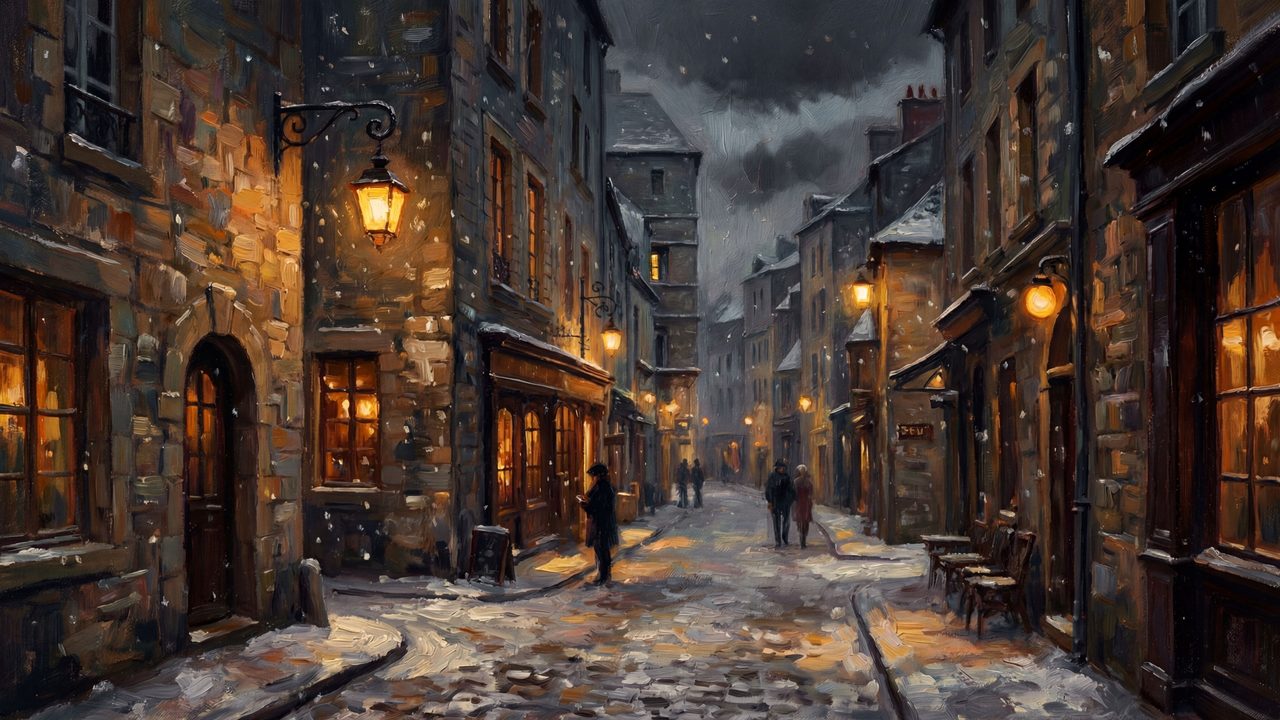 Christmas Frame TV Art, Vintage Holiday Oil Painting (Lamplit Cobblestone Street)