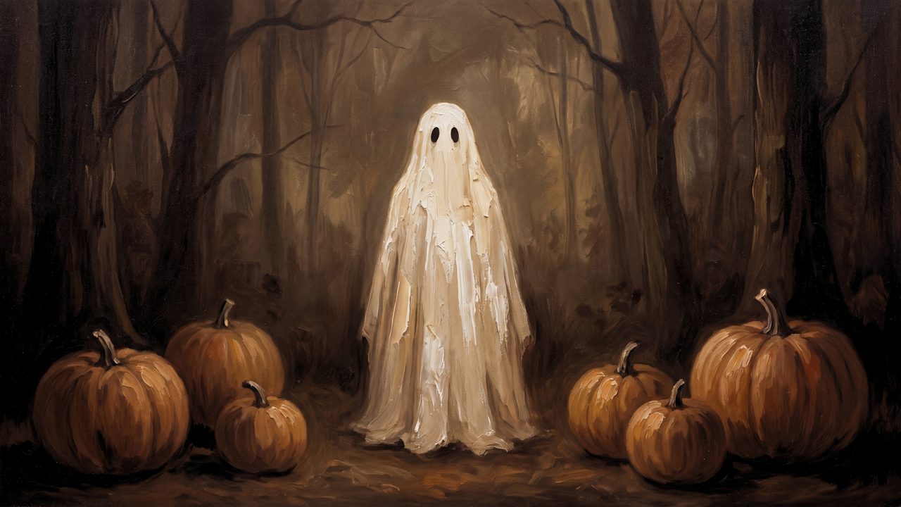 Fall Frame TV Art, Vintage Autumn Oil Painting (Ghost Among Pumpkins in Woods)