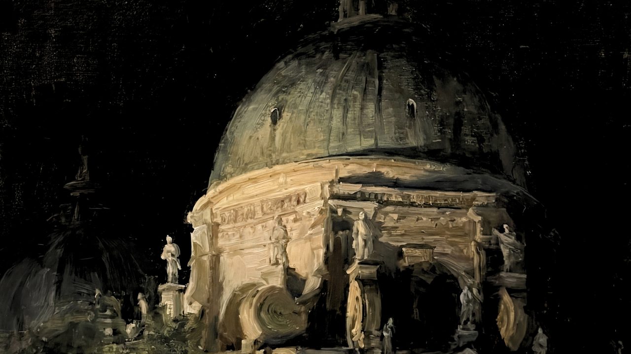 Dark Academia Frame TV Art, Moody Vintage Oil Painting (Domed Building at Night)