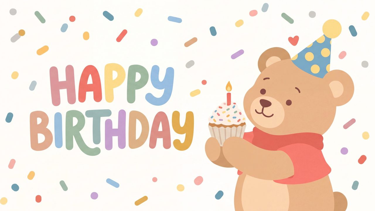 Happy Birthday Frame TV Art, Colorful Party TV Background (Teddy Bear with Cupcake)