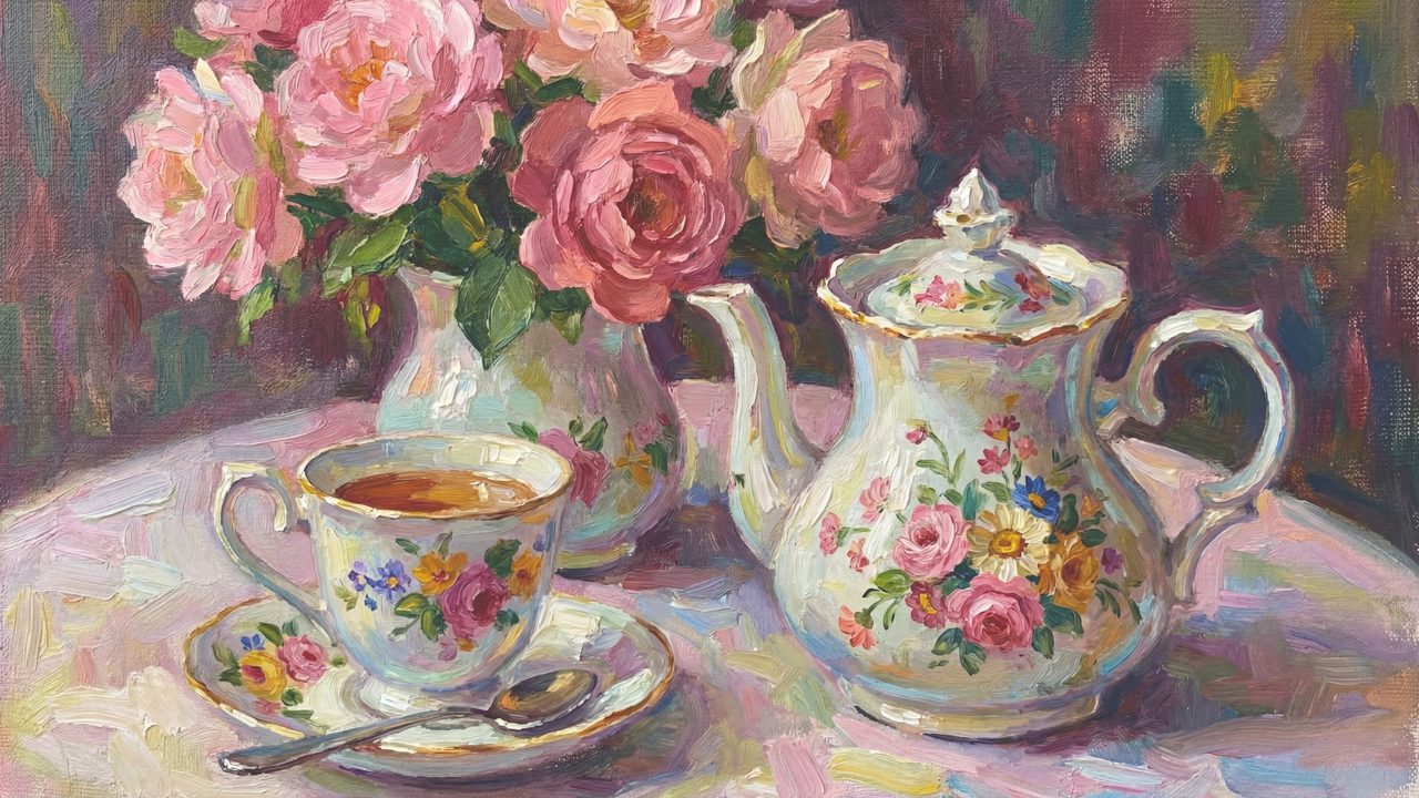 Spring Frame TV Art, Vintage Floral Landscape Oil Painting (Floral Teapot and Roses)