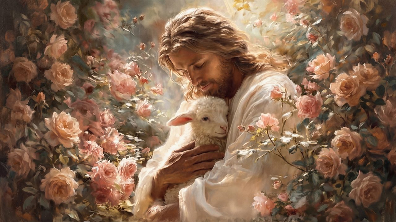 Christian Frame TV Art, Jesus Religious Oil Painting (Jesus with Lamb Among Roses)