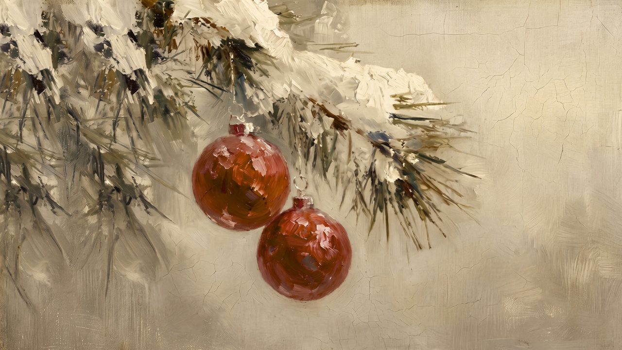 Christmas Frame TV Art, Vintage Holiday Oil Painting (Red Ornaments on Snowy Pine)