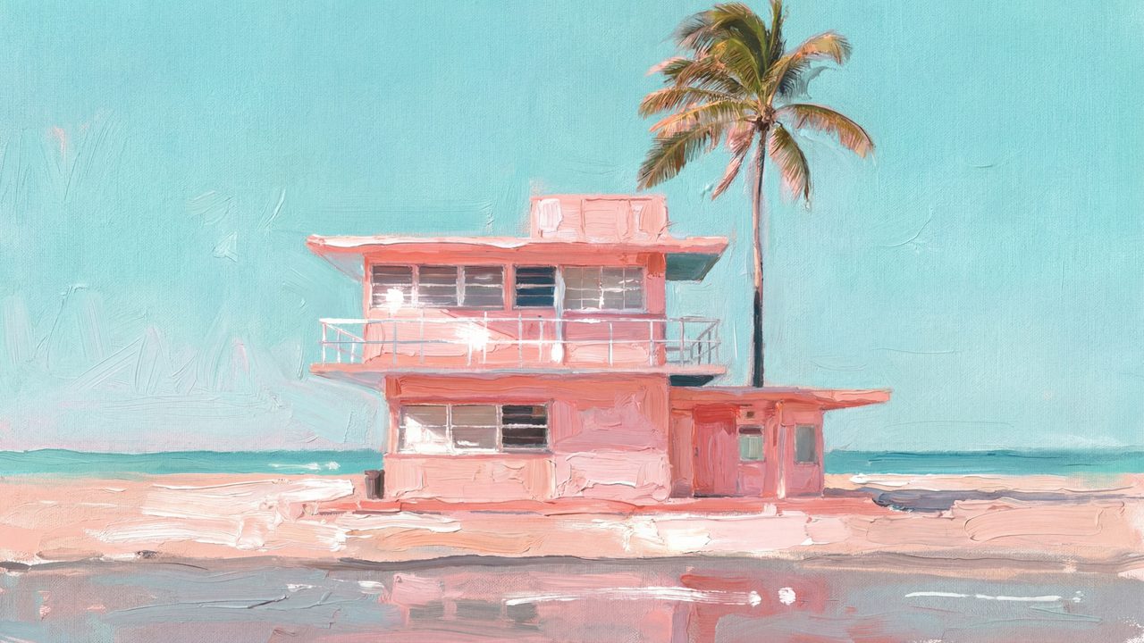 Summer Frame TV Art, Coastal Beach Oil Painting (Pink Lifeguard Tower)