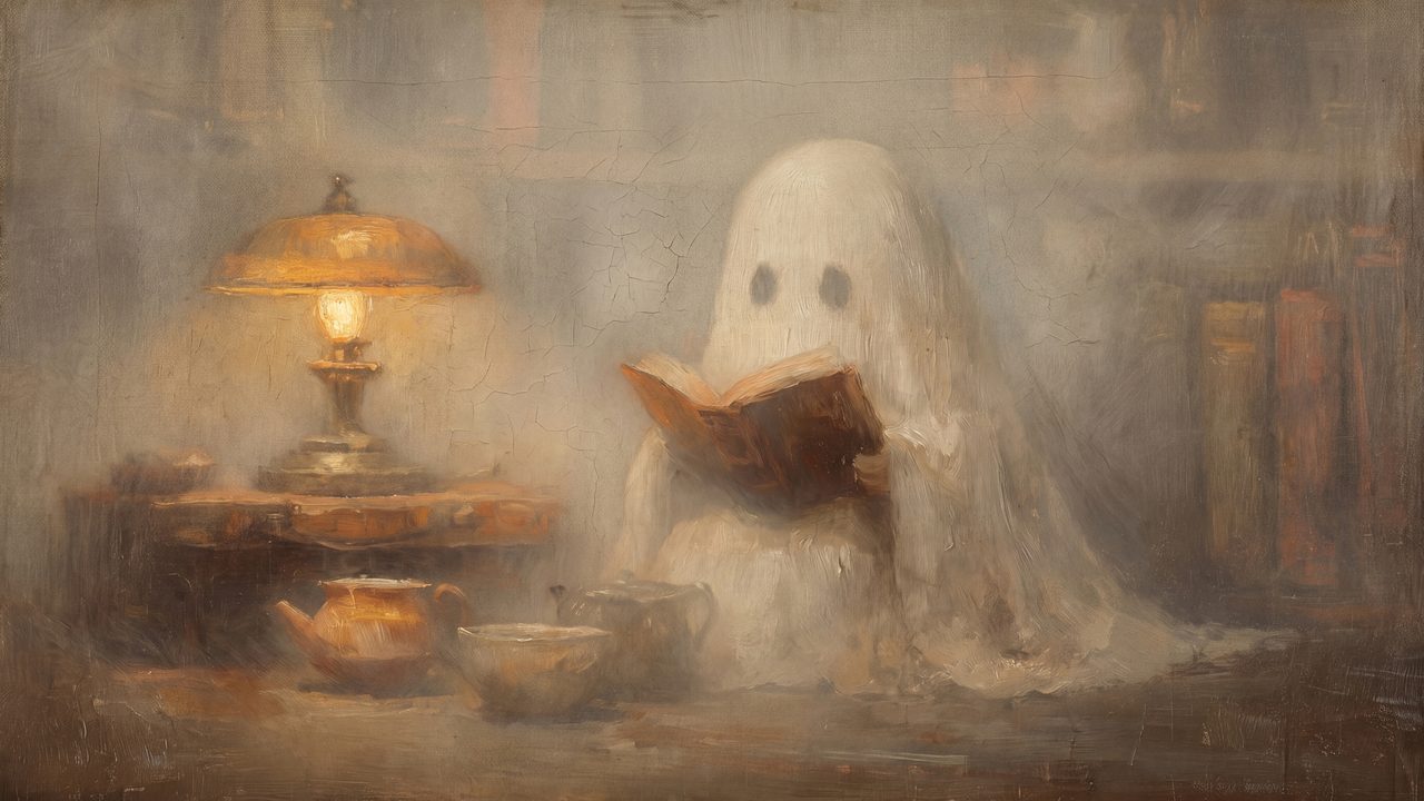Halloween Frame TV Art, Vintage Moody Oil Painting (Ghost Reading by Lamp)