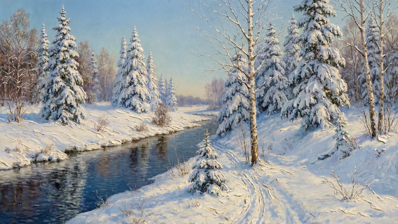 Christmas Frame TV Art, Vintage Holiday Oil Painting (Winter Stream Through Pines)