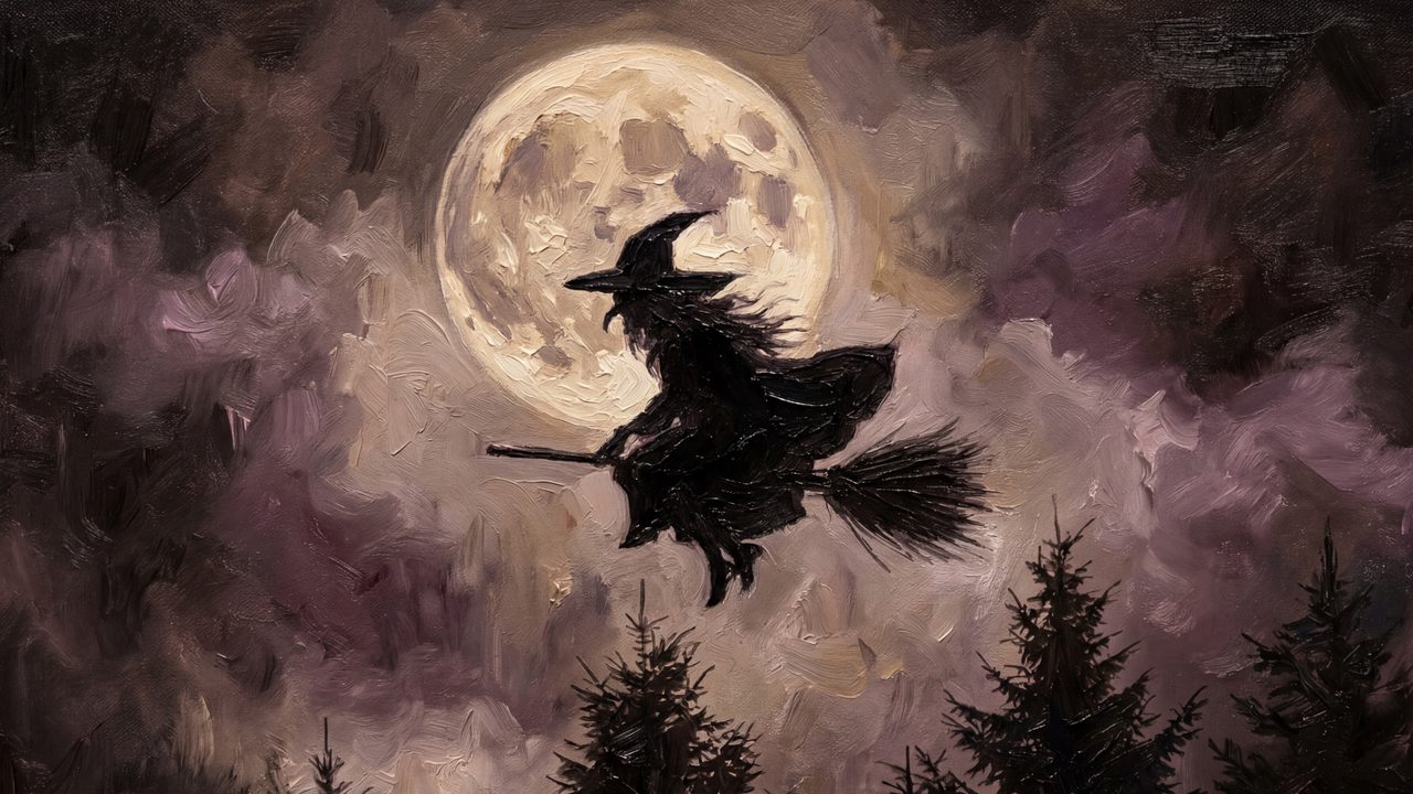 Halloween Frame TV Art, Vintage Moody Oil Painting (Witch on Broom by Moon)