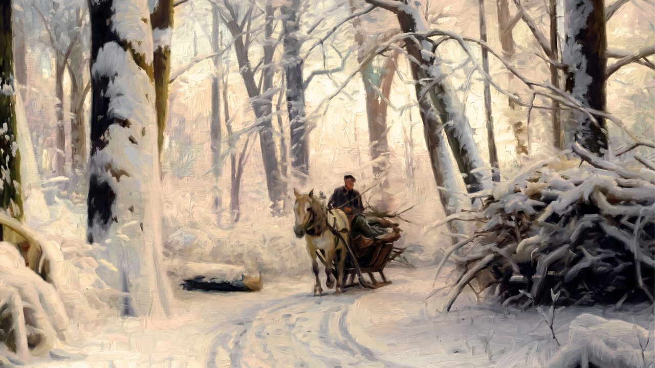 Christmas Frame TV Art, Vintage Holiday Oil Painting (Horse Sleigh in Birch Forest)
