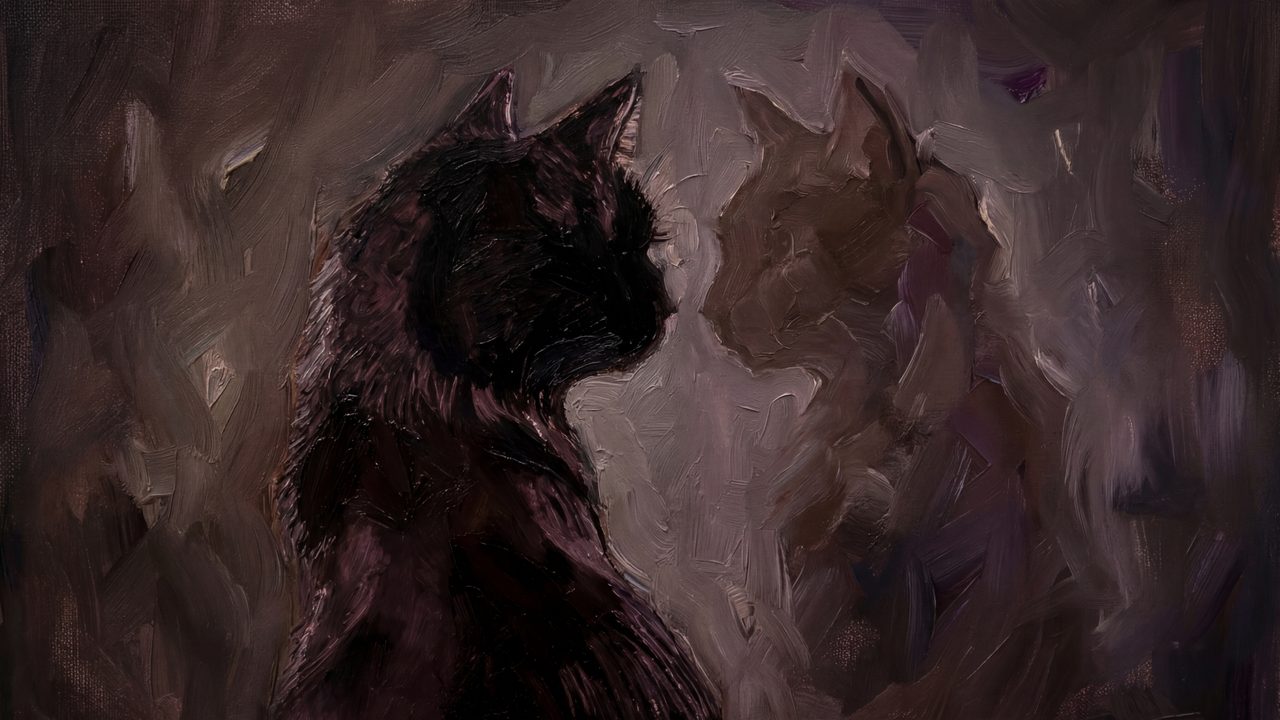 Halloween Frame TV Art, Vintage Moody Oil Painting (Black Cat and Shadow Cat)
