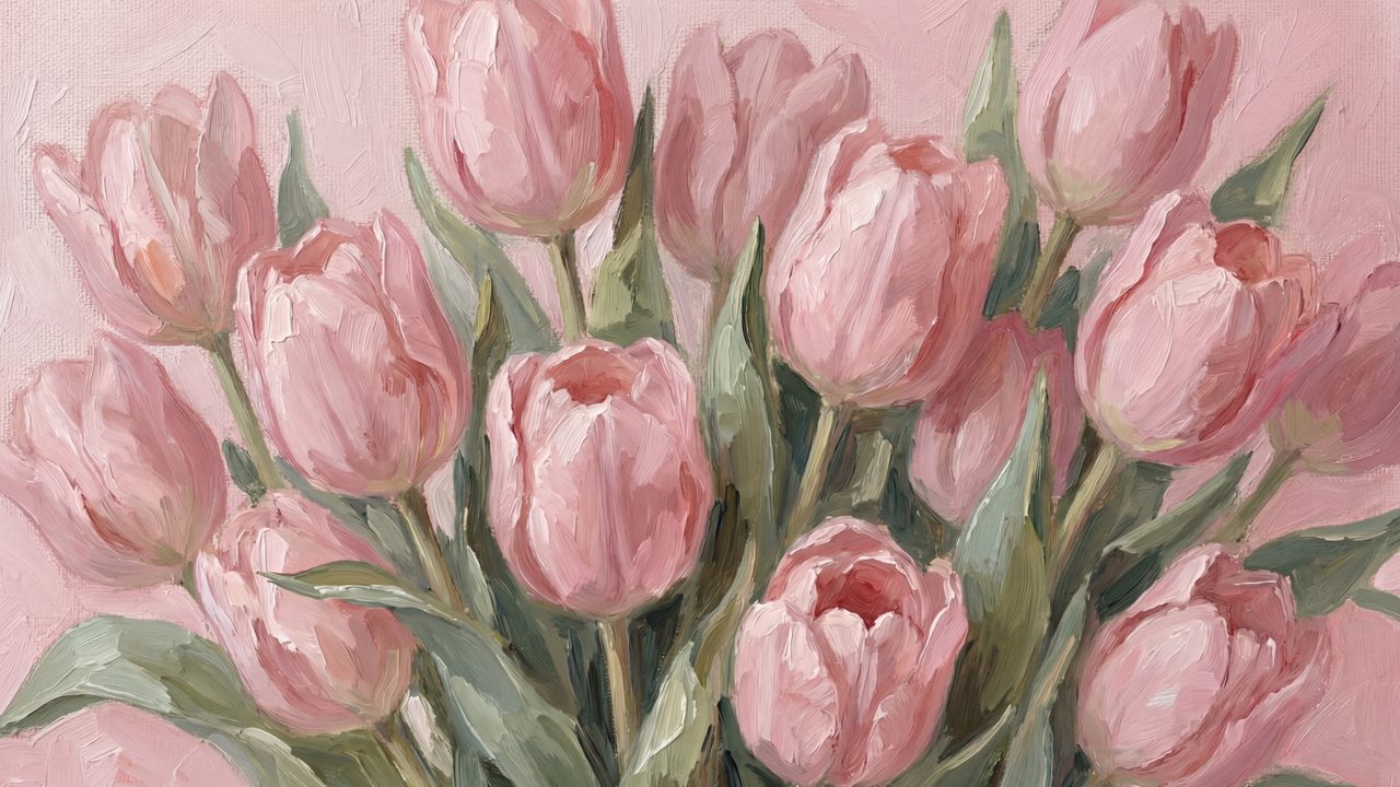 Valentine Frame TV Art, Romantic Vintage Oil Painting (Pink Tulips)