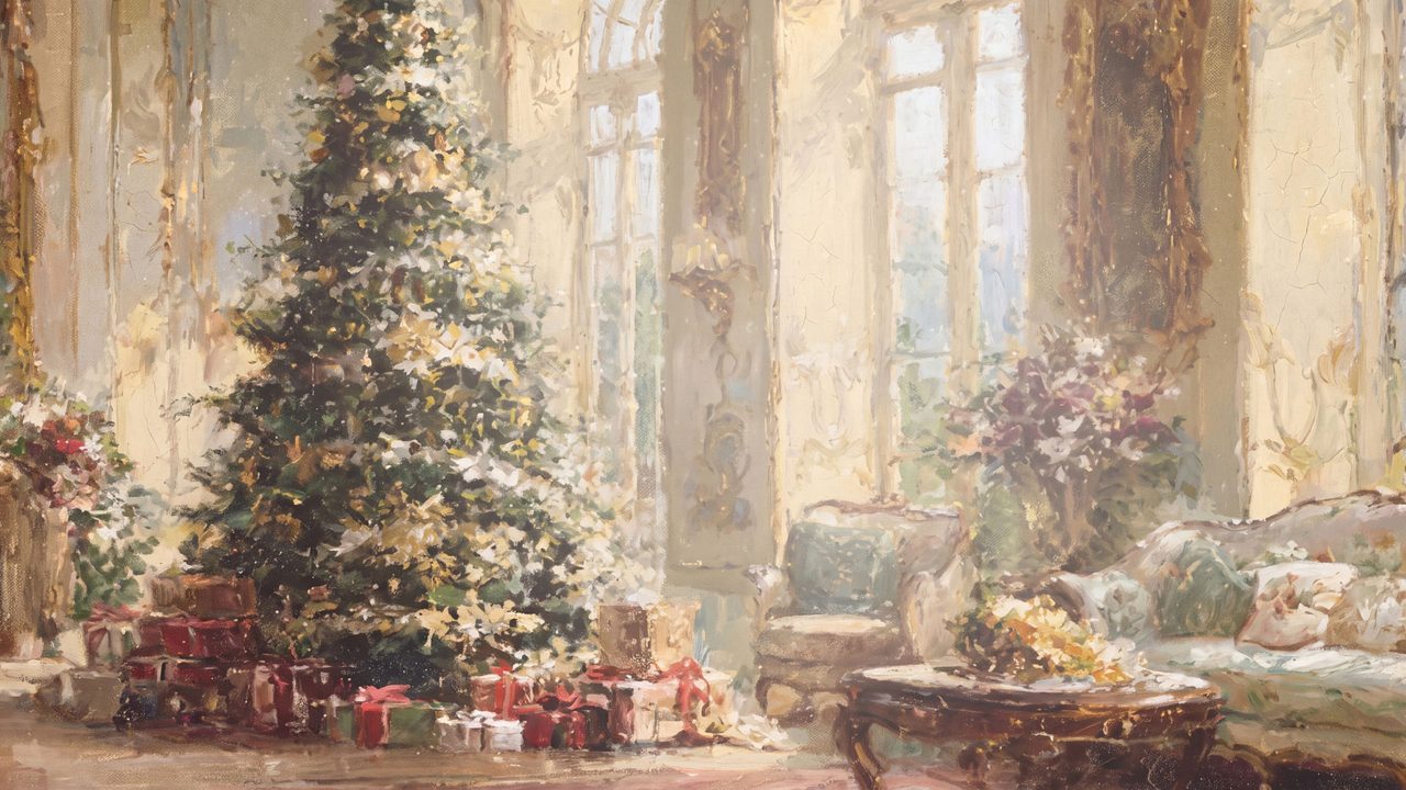 Christmas Frame TV Art, Vintage Holiday Oil Painting (Christmas Tree in Sunlit Parlor)