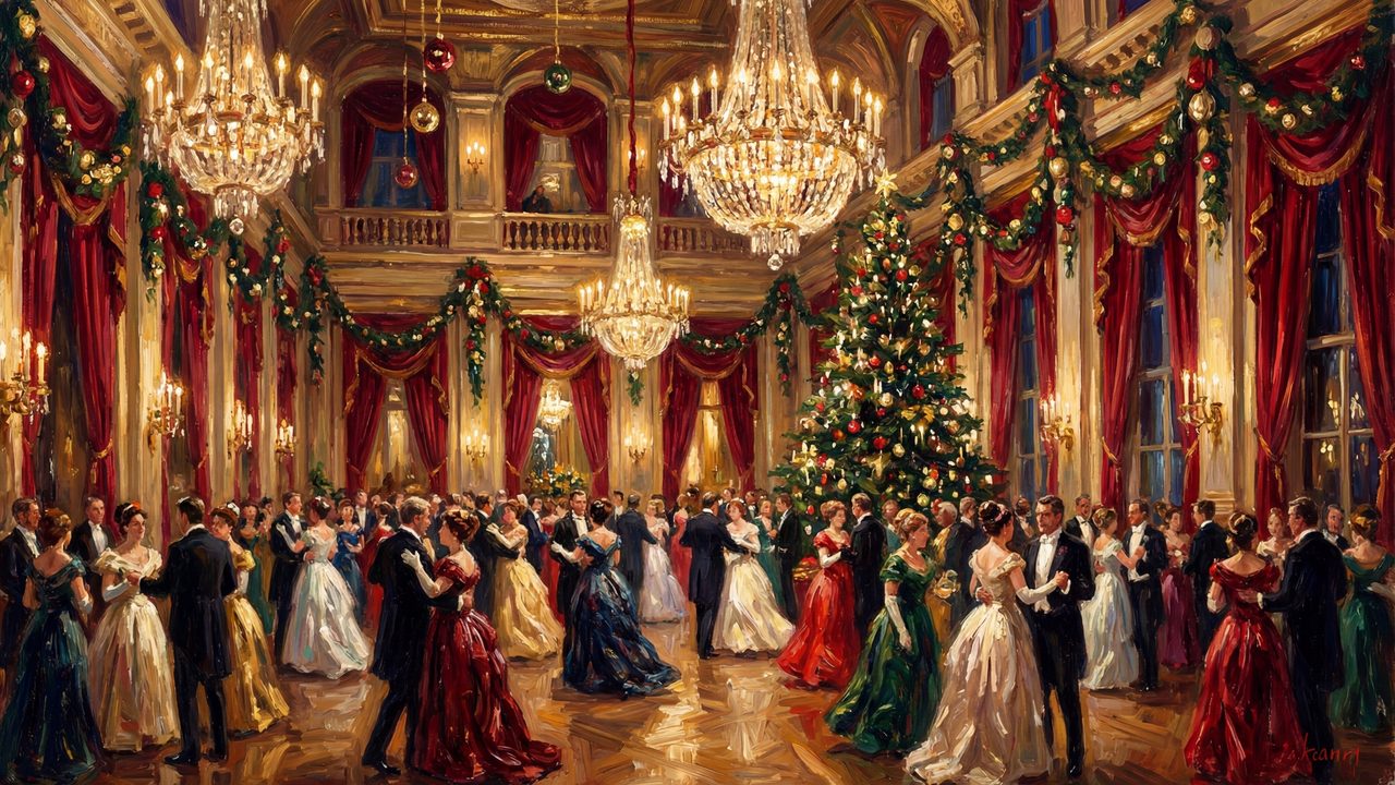 Victorian Christmas Ballroom Art • Elegant Holiday Dance Scene • Classic Christmas Wall Art • Vintage Christmas Decor •
