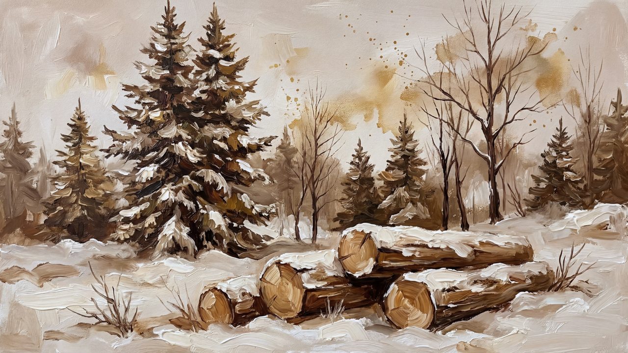 Christmas Frame TV Art, Vintage Holiday Oil Painting (Snowy Logs and Pines)