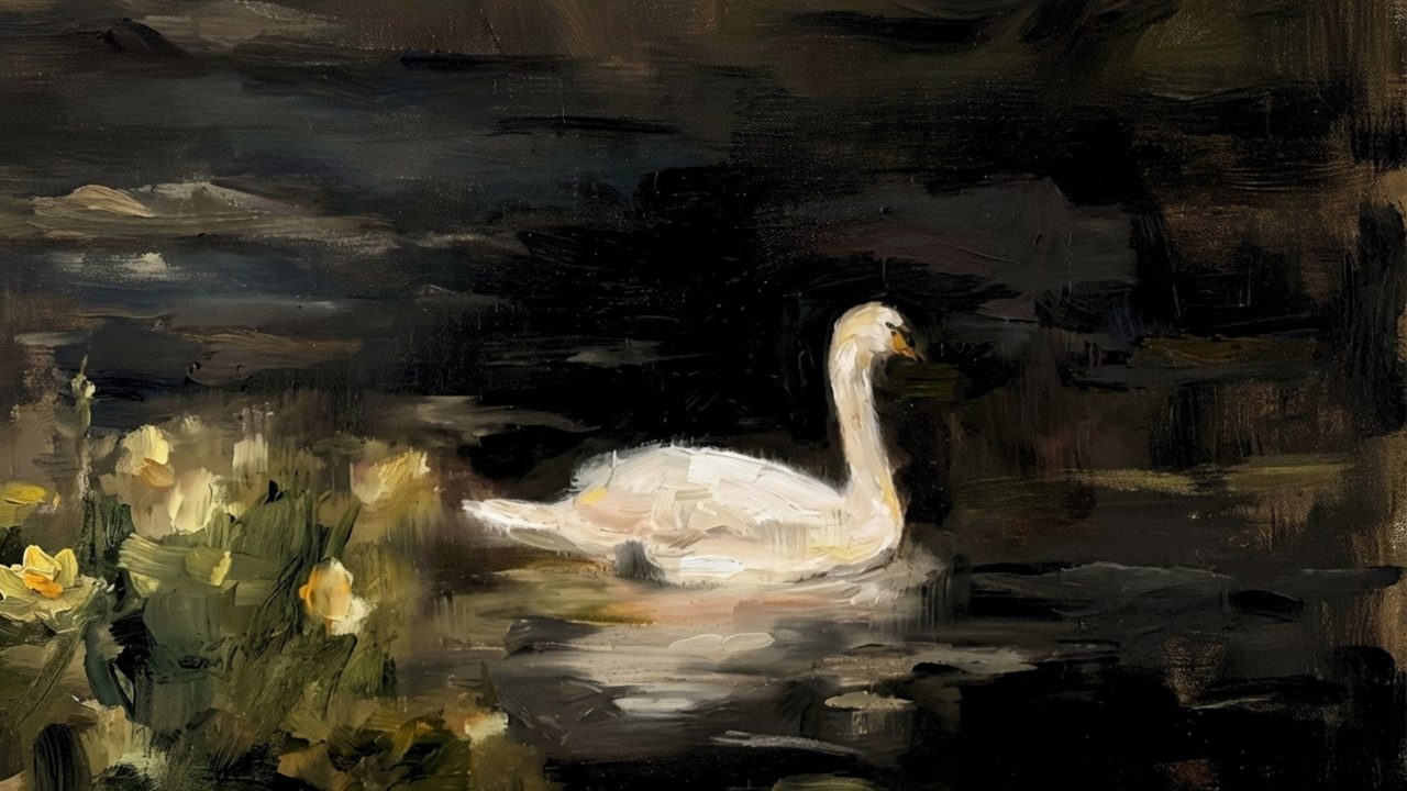 Dark Academia Frame TV Art, Moody Vintage Oil Painting (White Swan on Dark Pond)