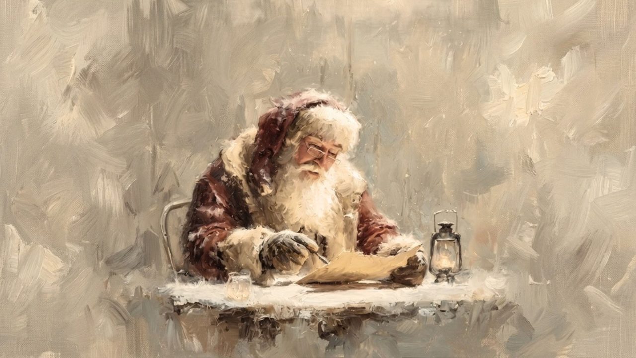 Christmas Frame TV Art, Vintage Holiday Oil Painting (Santa Writing at Desk)