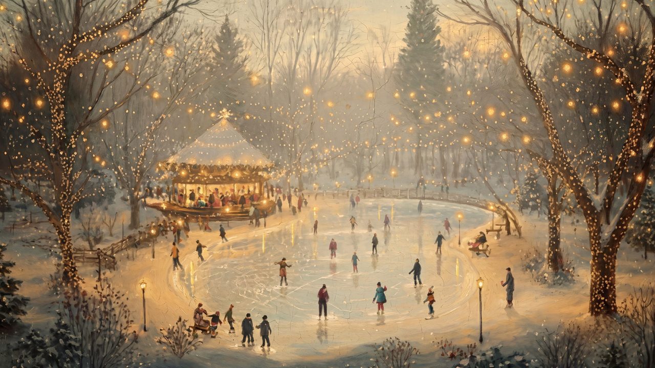 Christmas Frame TV Art, Vintage Holiday Oil Painting (Ice Skaters in Lit Park)