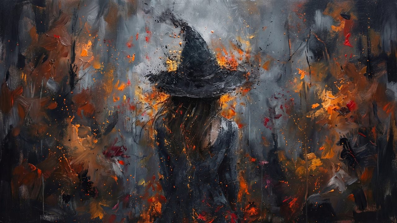 Halloween Frame TV Art, Vintage Moody Oil Painting (Witch in Autumn Storm)