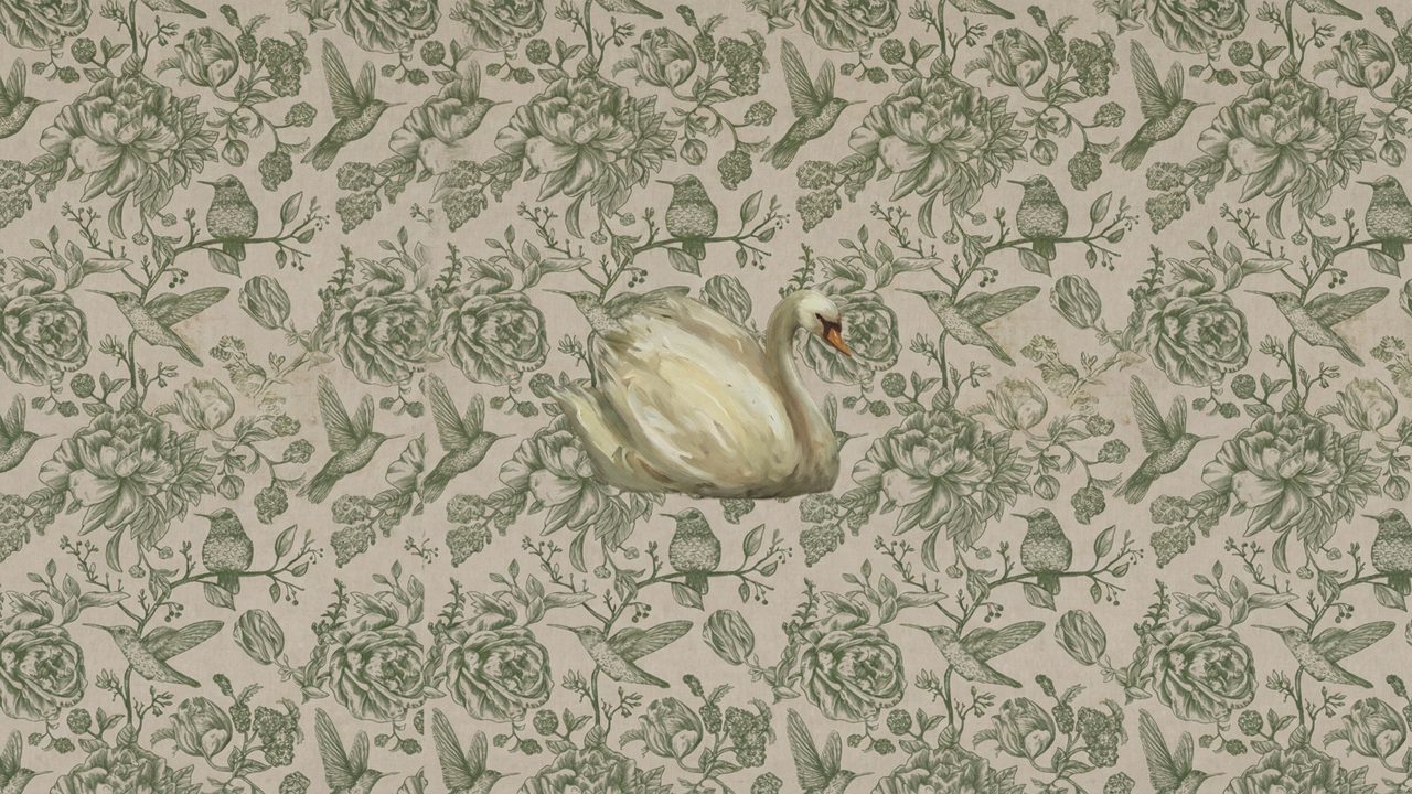 Vintage Frame TV Art, Antique Landscape Oil Painting (Swan on Green Floral Pattern)