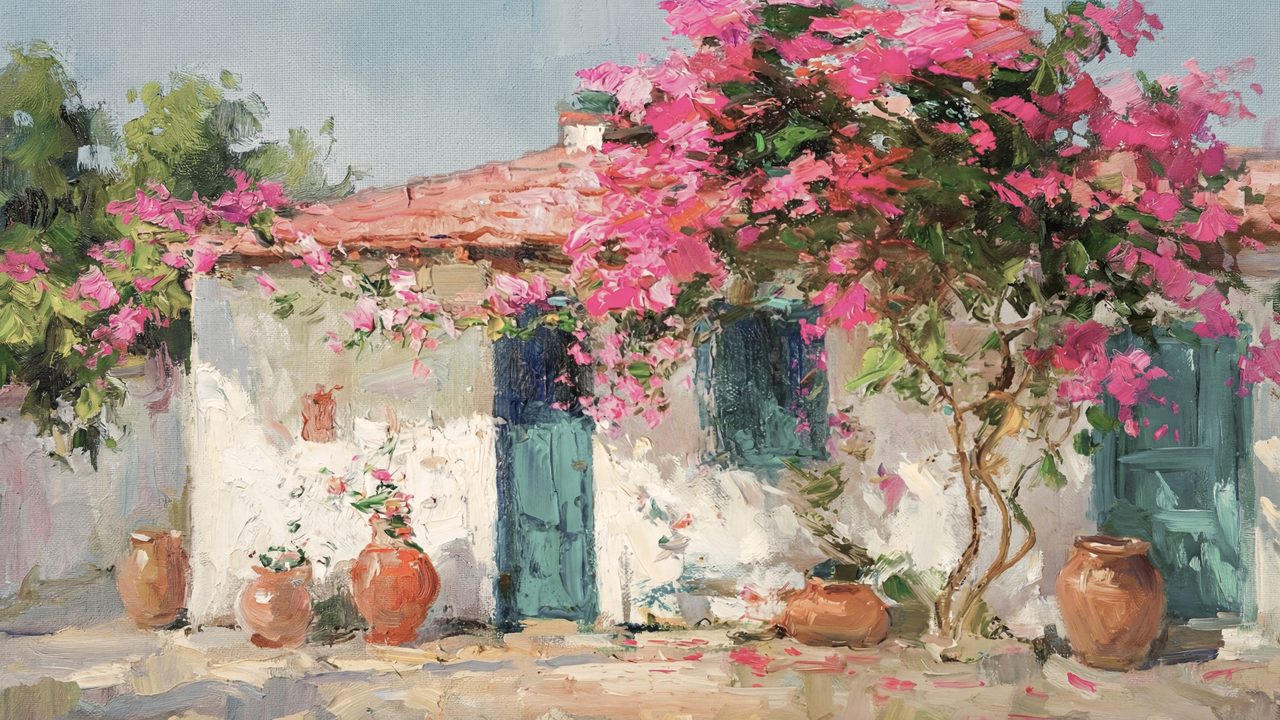 Spring Frame TV Art, Vintage Floral Landscape Oil Painting (Bougainvillea on White Cottage)