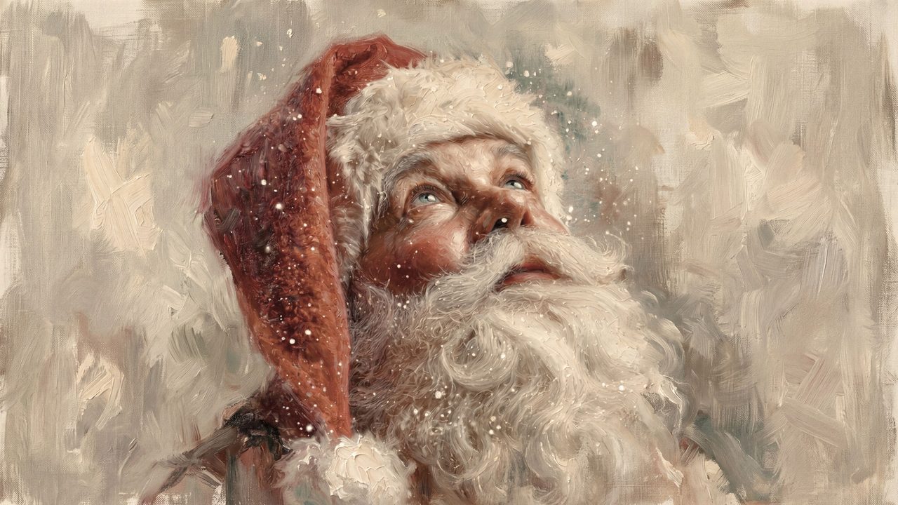Christmas Frame TV Art, Vintage Holiday Oil Painting (Santa Gazing Upward)
