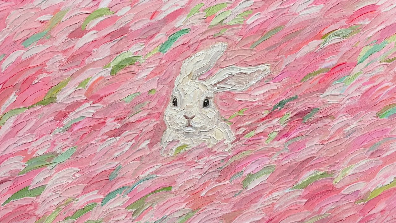 Pink Easter Bunny Samsung Frame TV Art, Abstract Rabbit Oil Painting, Spring TV Decor, 4K TV Screen Art